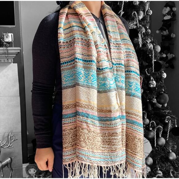 Bohemian Wrap Scarf Woven Striped Fringed Aztec Geometric Beige Blue Pink - Picture 3 of 14